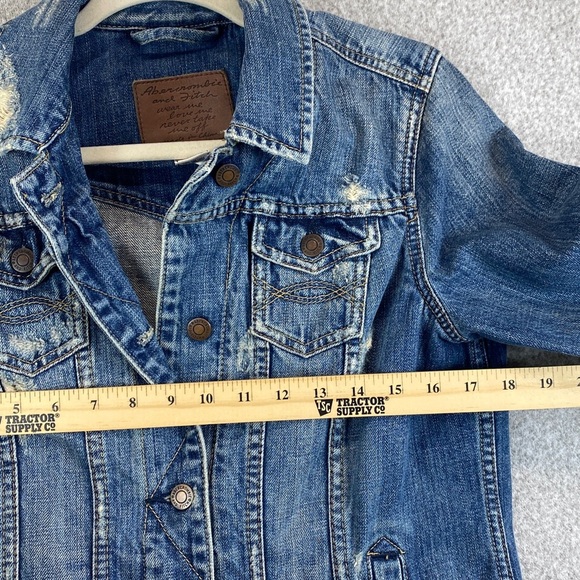 Vtg Abercrombie & Fitch distressed denim trucker jacket jr L grunge Y2K - Picture 6 of 11